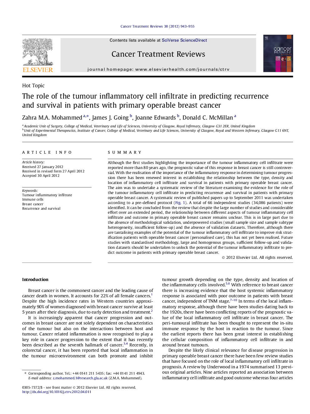 The role of the tumour inflammatory cell infiltrate in predicting recurrence and survival in patients with primary operable breast cancer