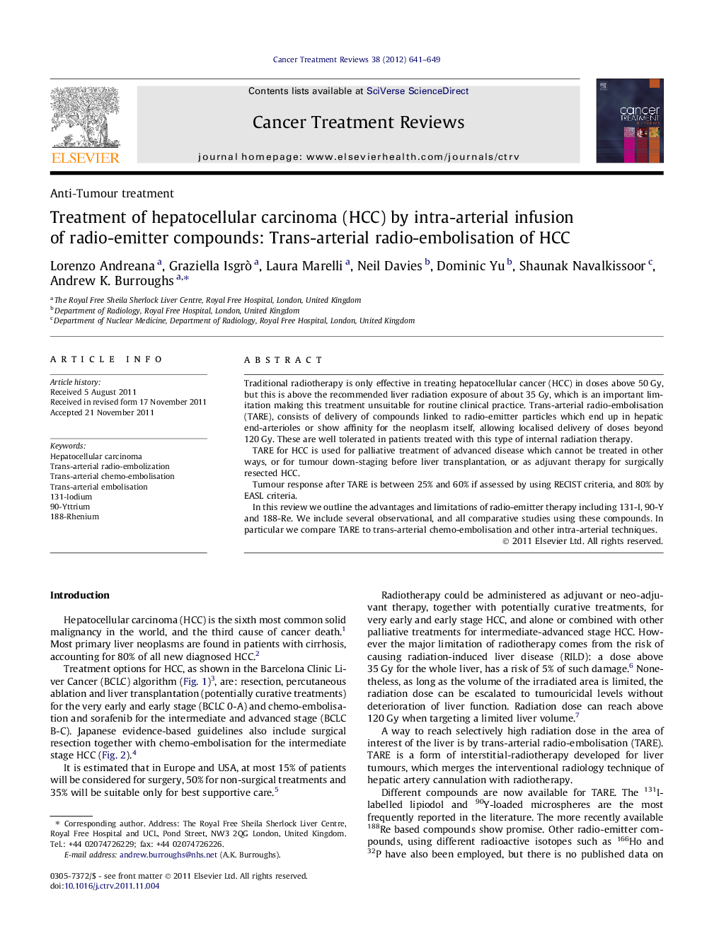Treatment of hepatocellular carcinoma (HCC) by intra-arterial infusion of radio-emitter compounds: Trans-arterial radio-embolisation of HCC