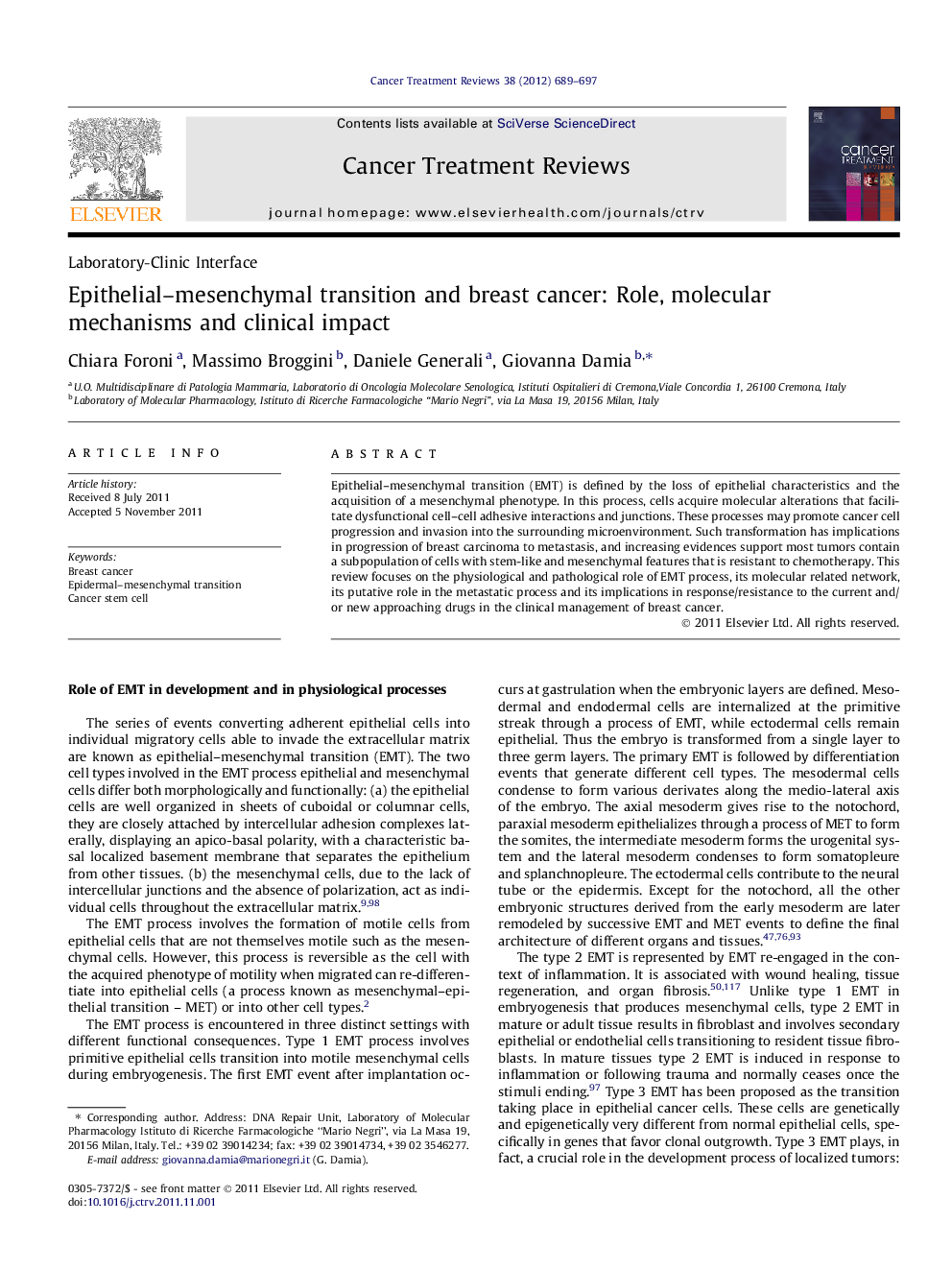 Epithelial–mesenchymal transition and breast cancer: Role, molecular mechanisms and clinical impact