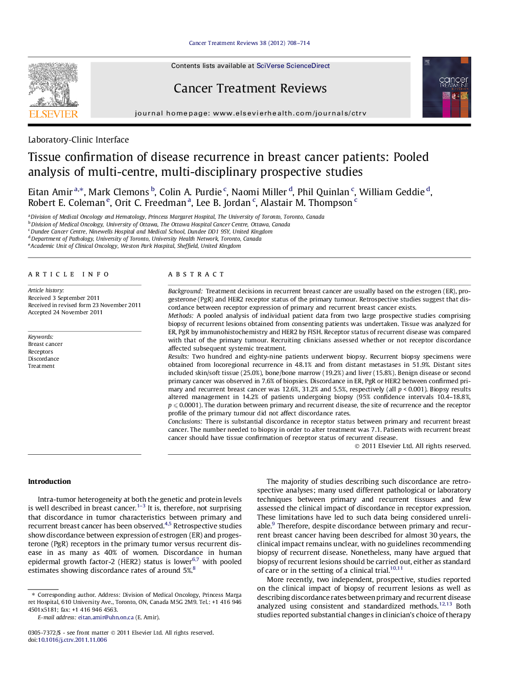 Tissue confirmation of disease recurrence in breast cancer patients: Pooled analysis of multi-centre, multi-disciplinary prospective studies