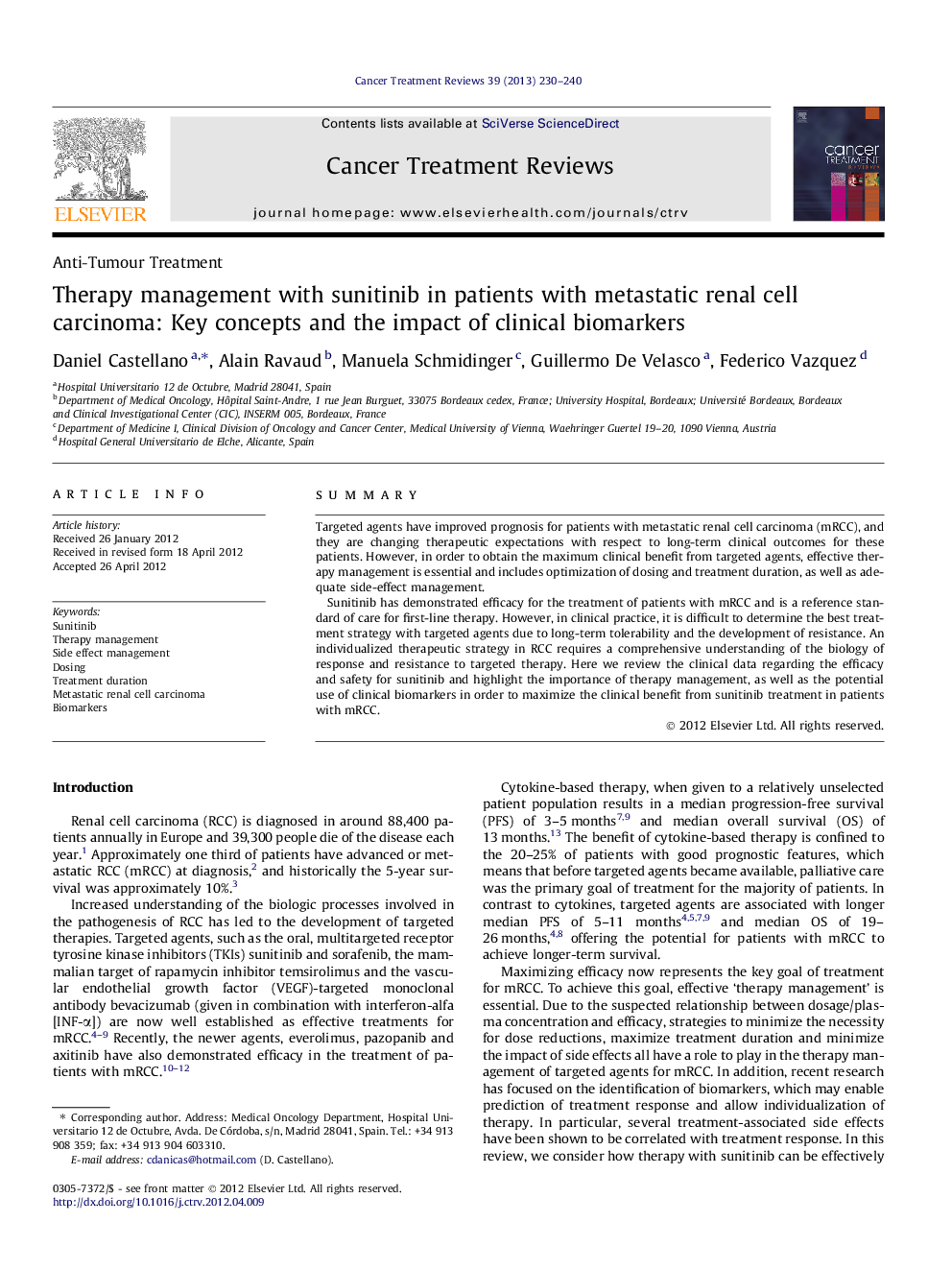 Therapy management with sunitinib in patients with metastatic renal cell carcinoma: Key concepts and the impact of clinical biomarkers