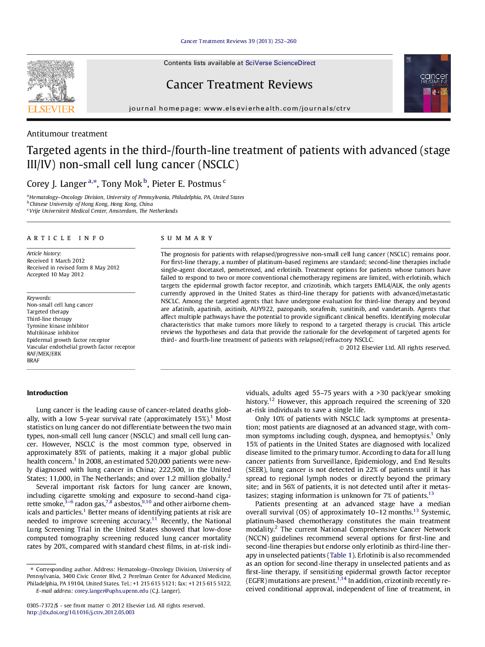 Targeted agents in the third-/fourth-line treatment of patients with advanced (stage III/IV) non-small cell lung cancer (NSCLC)