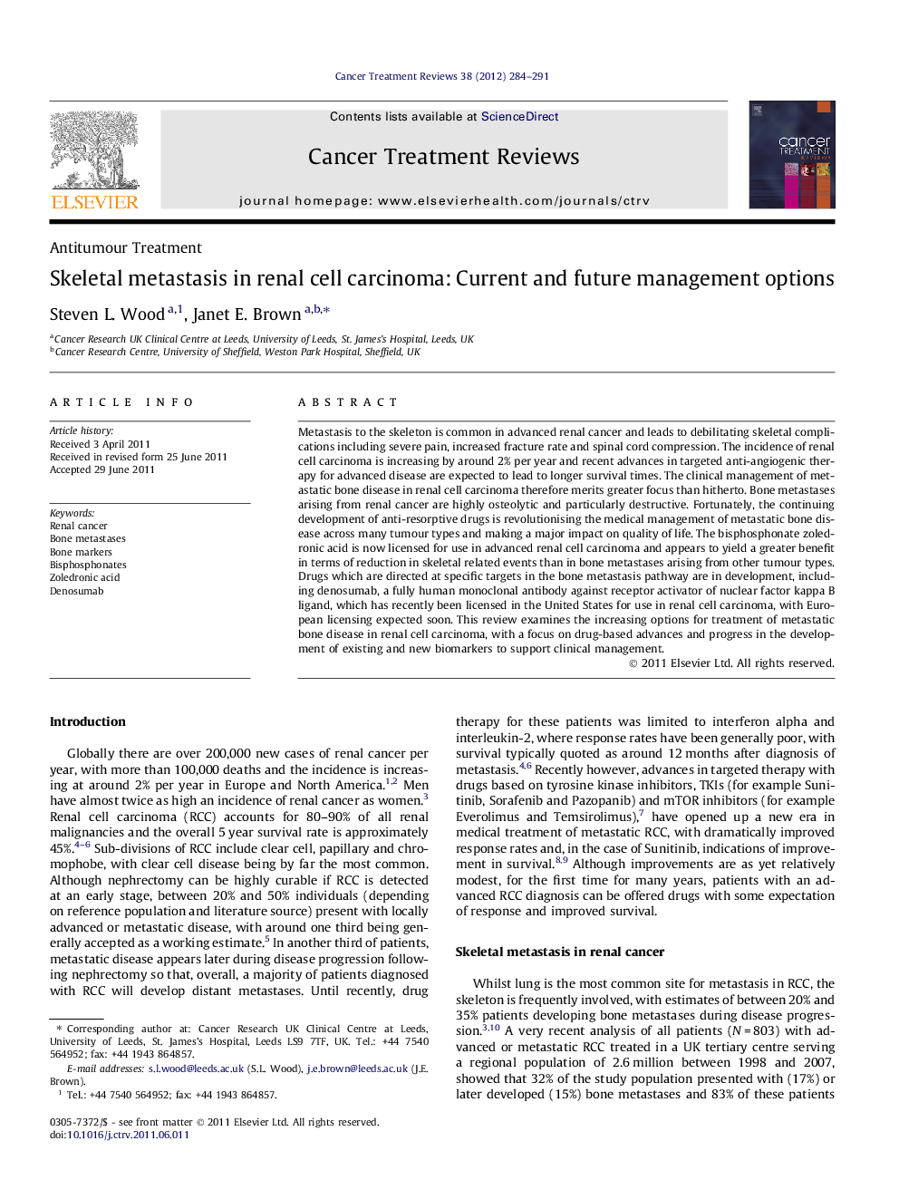 Skeletal metastasis in renal cell carcinoma: Current and future management options