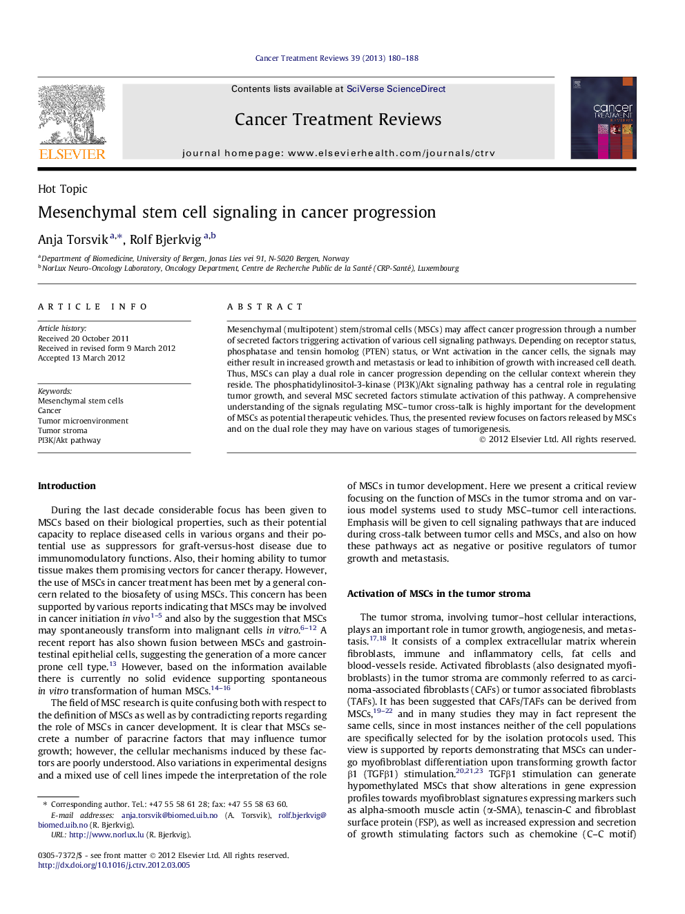 Mesenchymal stem cell signaling in cancer progression