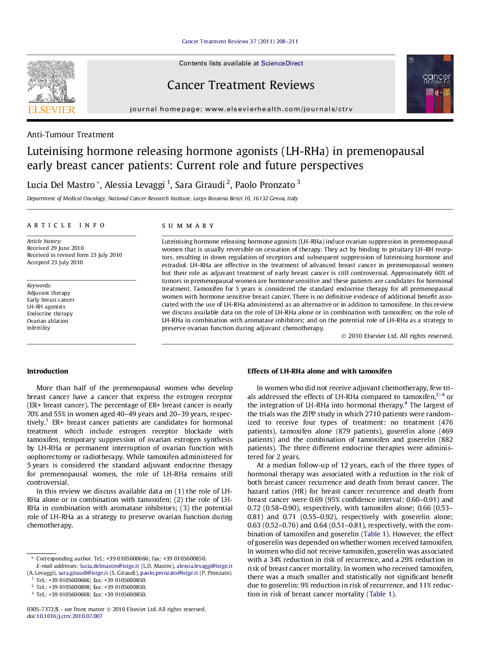 Luteinising hormone releasing hormone agonists (LH-RHa) in premenopausal early breast cancer patients: Current role and future perspectives