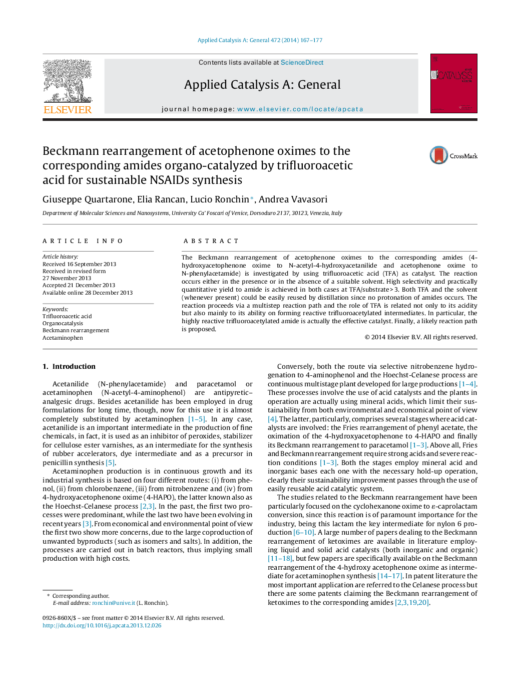 Beckmann rearrangement of acetophenone oximes to the corresponding amides organo-catalyzed by trifluoroacetic acid for sustainable NSAIDs synthesis