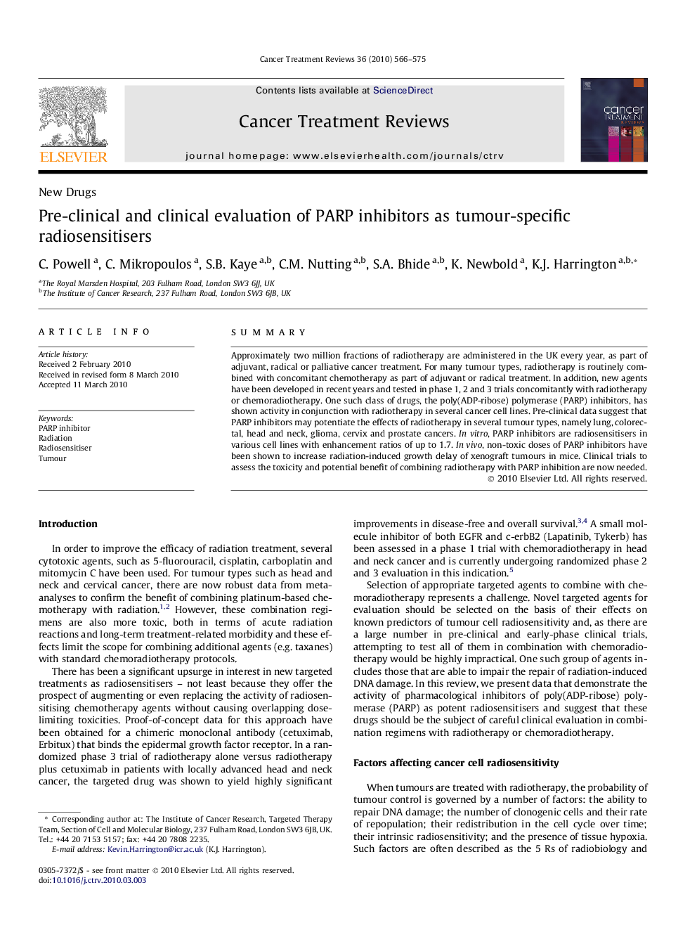 عکس صفحه اول مقاله: Pre-clinical and clinical evaluation of PARP inhibitors as tumour-specific radiosensitisers Pre-clinical and clinical evaluation of PARP inhibitors as tumour-specific radiosensitisers