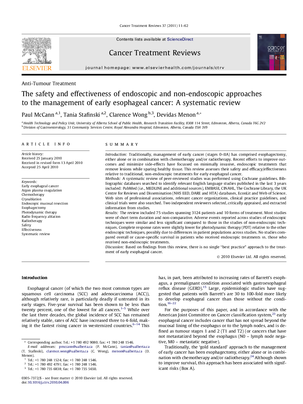 The safety and effectiveness of endoscopic and non-endoscopic approaches to the management of early esophageal cancer: A systematic review