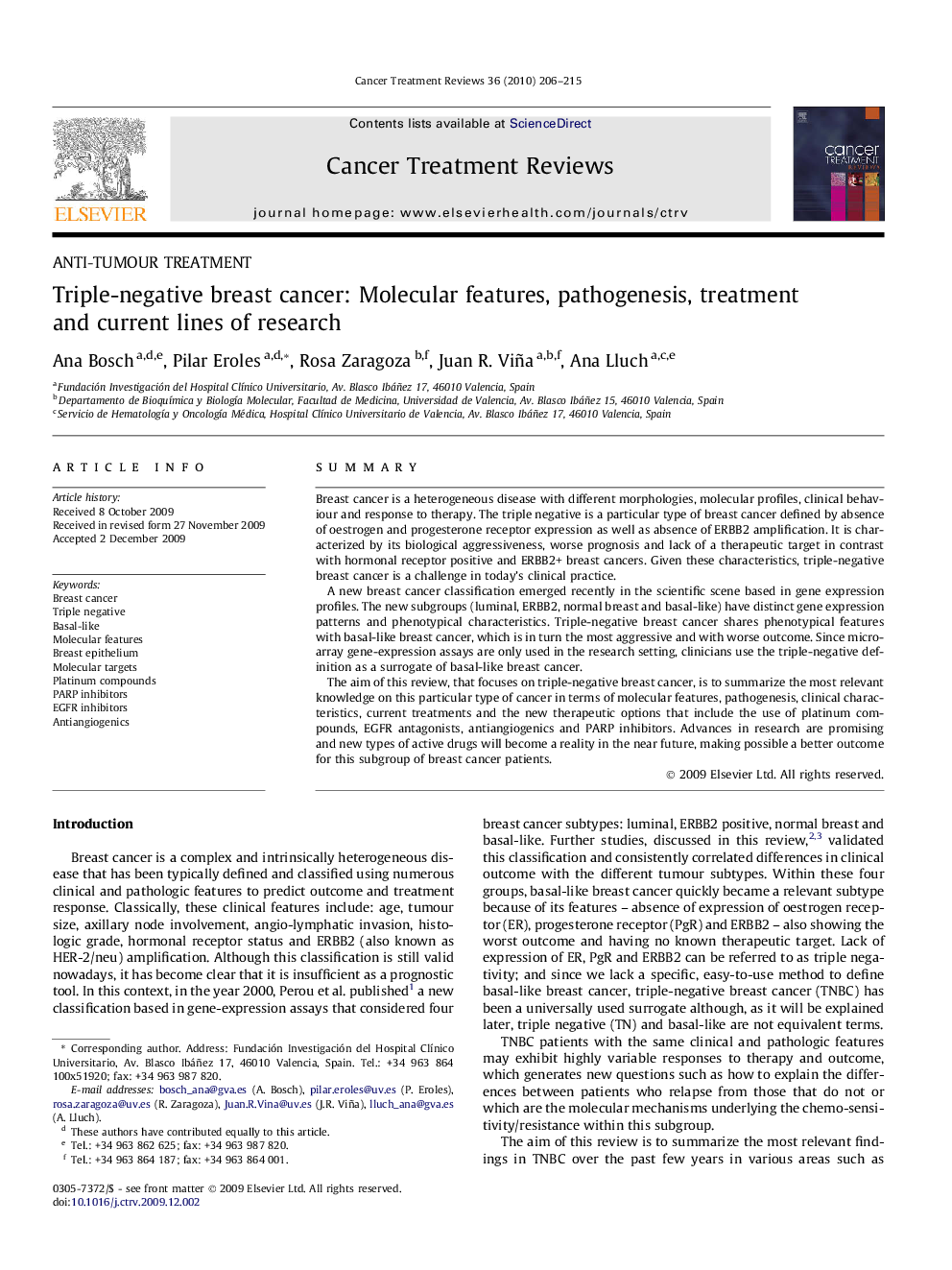 Triple-negative breast cancer: Molecular features, pathogenesis, treatment and current lines of research