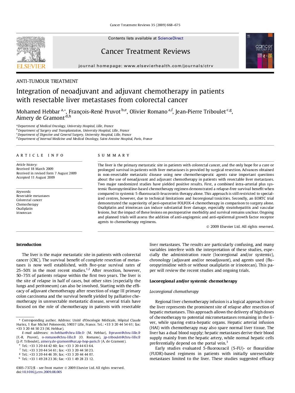 Integration of neoadjuvant and adjuvant chemotherapy in patients with resectable liver metastases from colorectal cancer