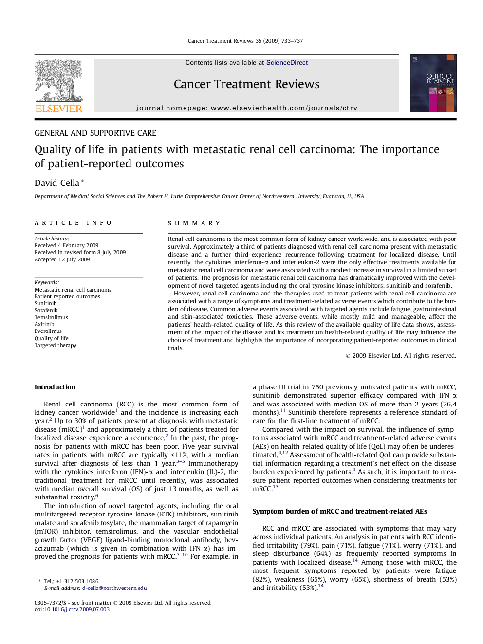 Quality of life in patients with metastatic renal cell carcinoma: The importance of patient-reported outcomes