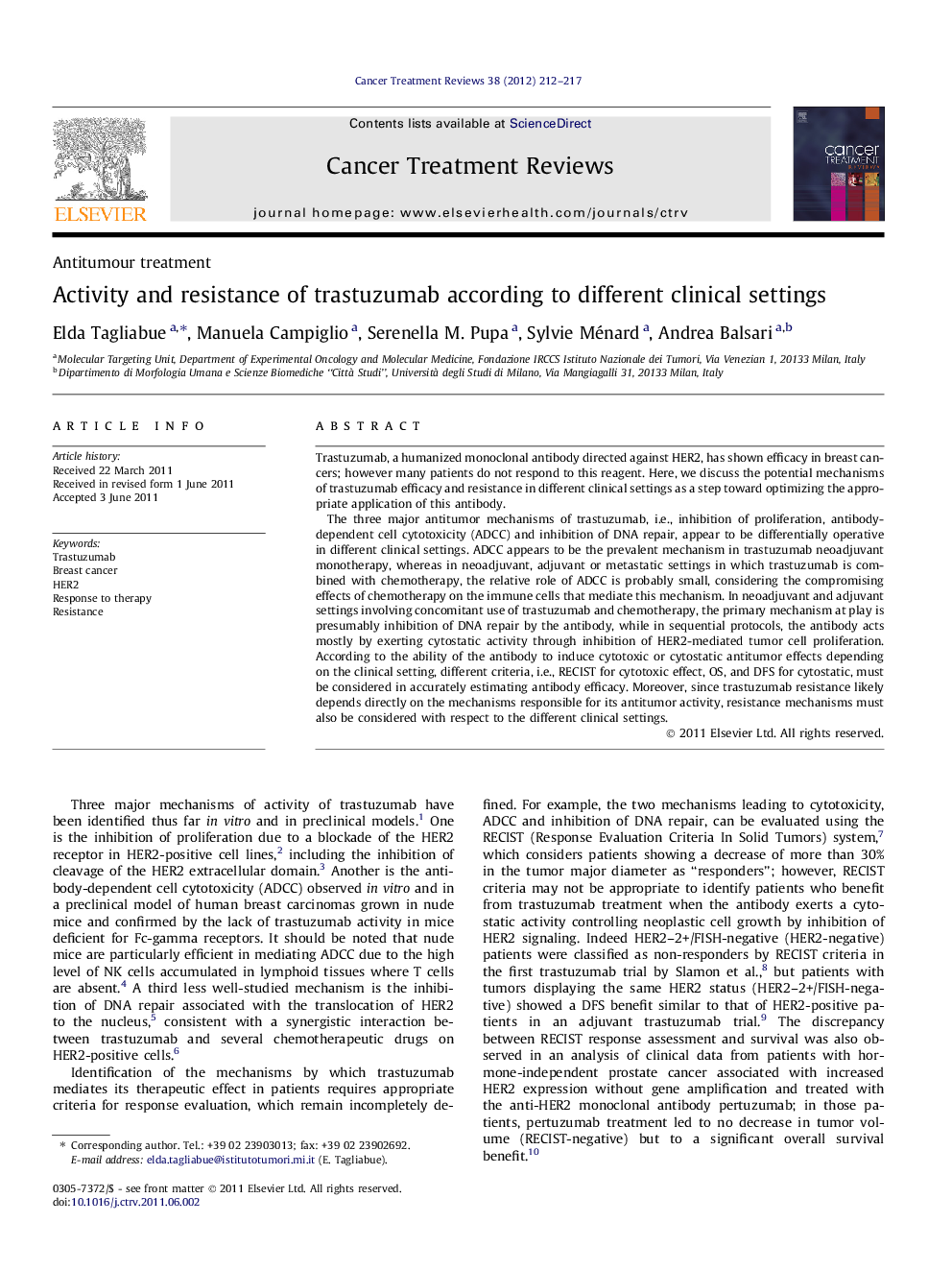 Activity and resistance of trastuzumab according to different clinical settings