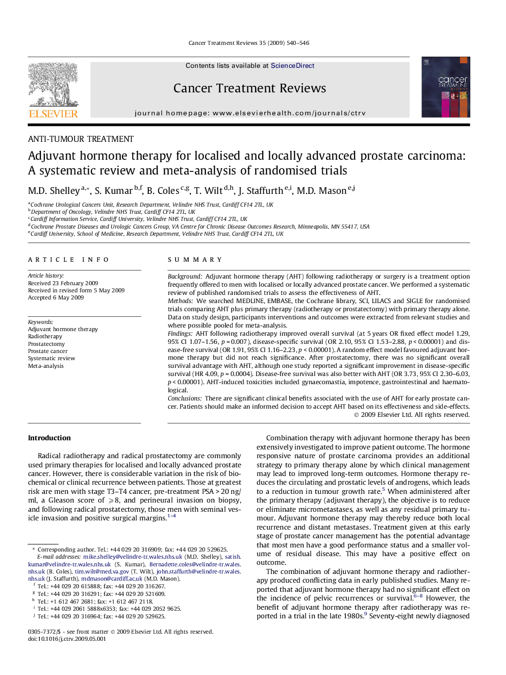 Adjuvant hormone therapy for localised and locally advanced prostate carcinoma: A systematic review and meta-analysis of randomised trials