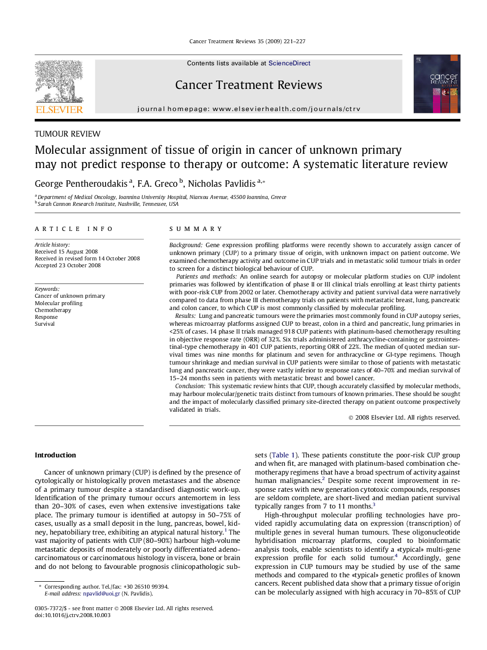 Molecular assignment of tissue of origin in cancer of unknown primary may not predict response to therapy or outcome: A systematic literature review