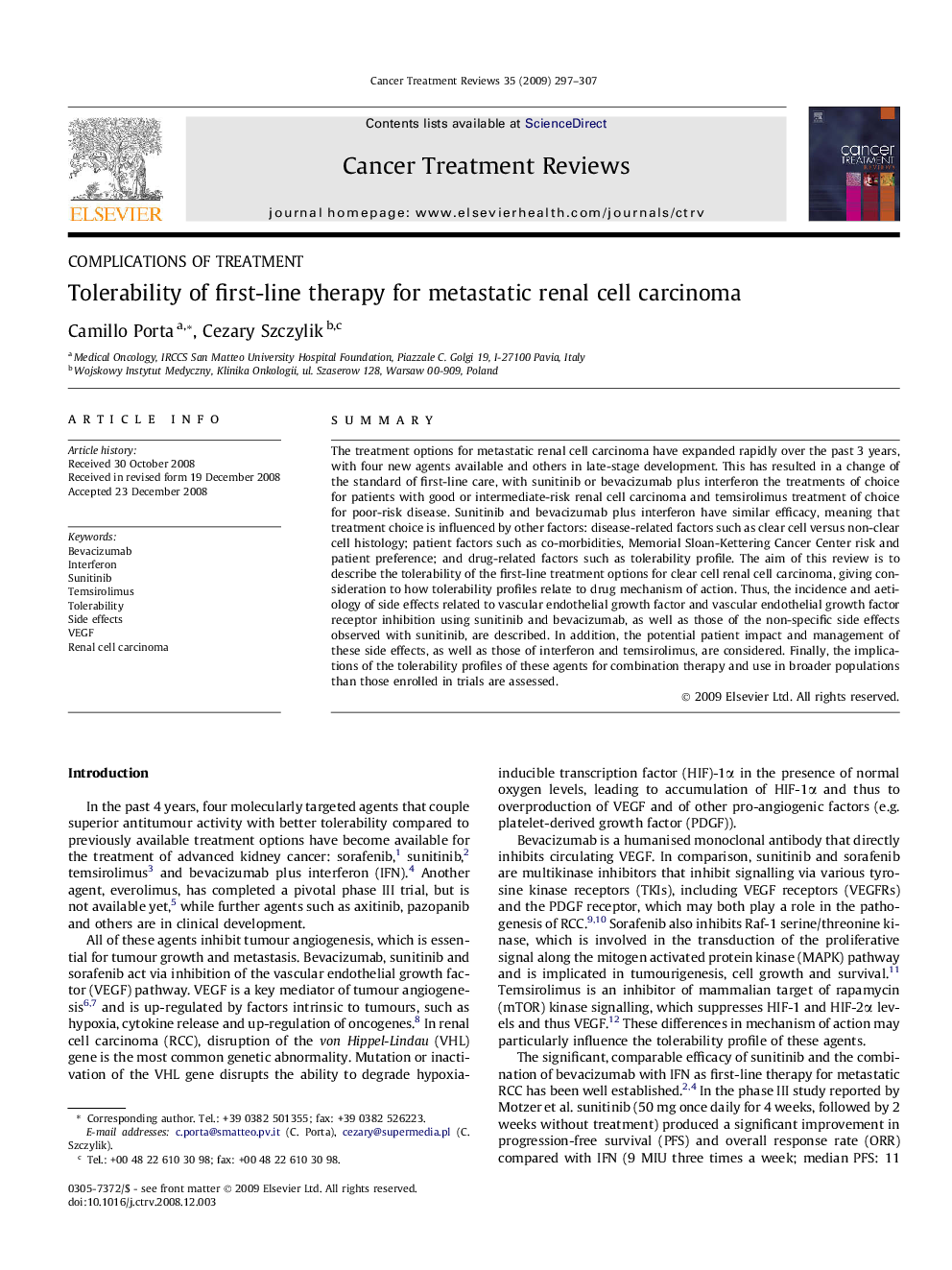 Tolerability of first-line therapy for metastatic renal cell carcinoma