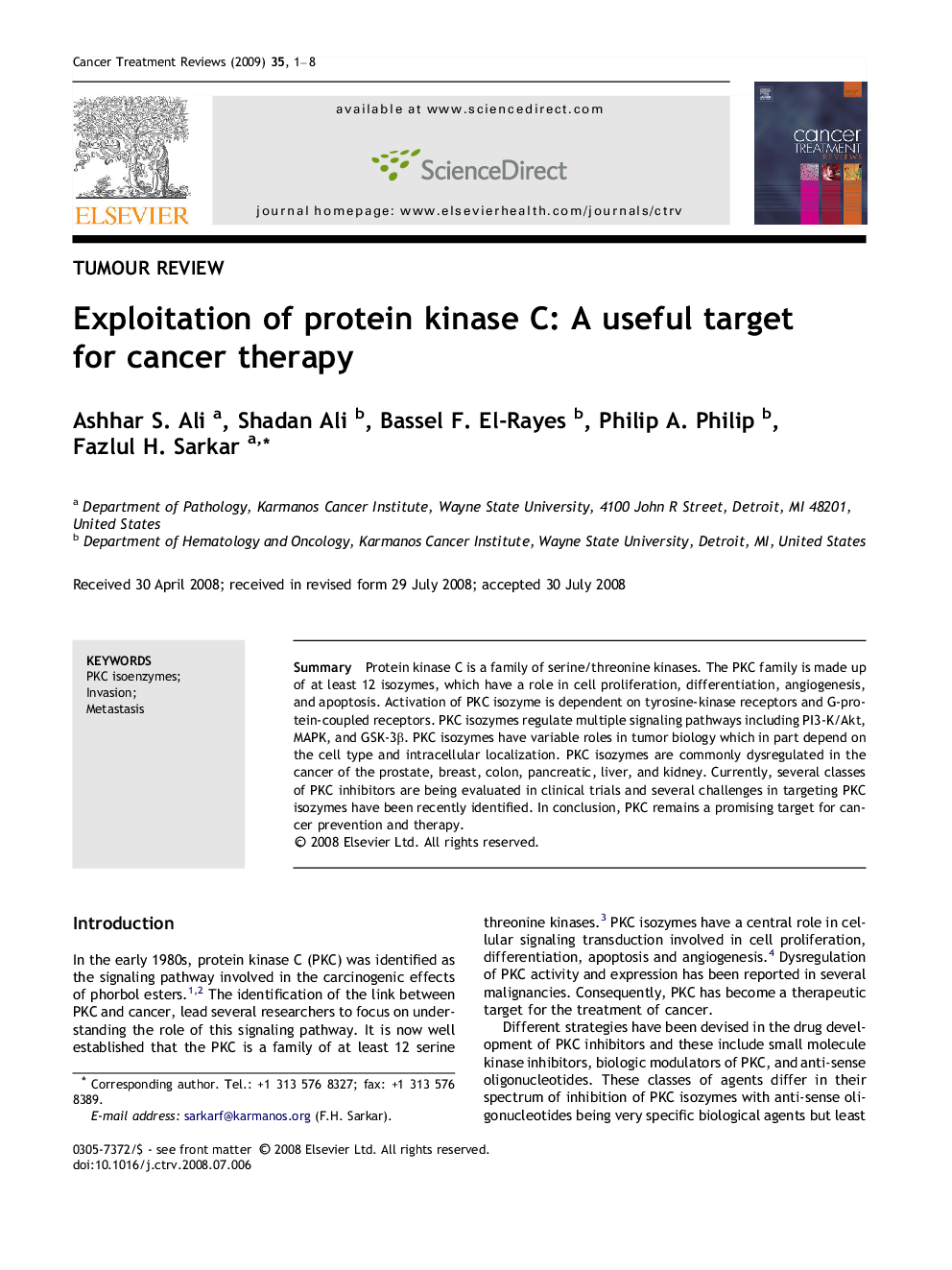 Exploitation of protein kinase C: A useful target for cancer therapy