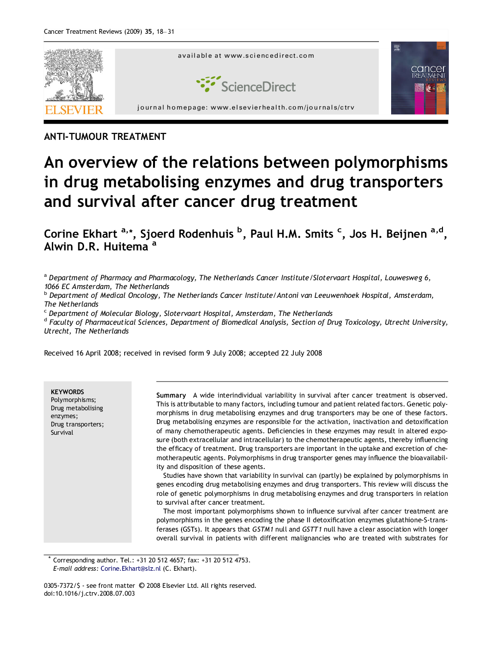 An overview of the relations between polymorphisms in drug metabolising enzymes and drug transporters and survival after cancer drug treatment