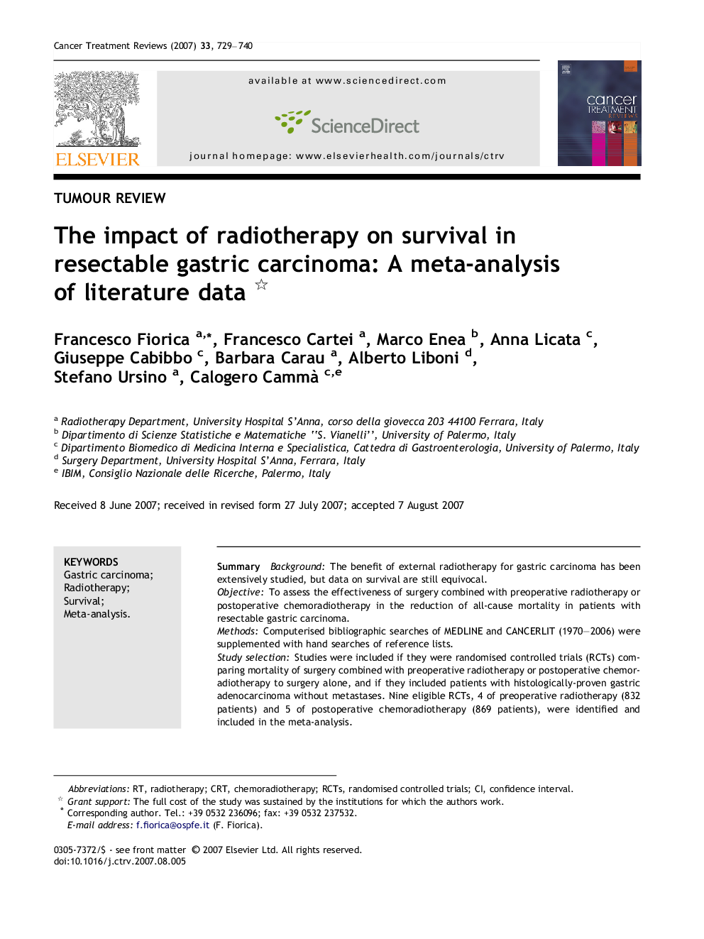 The impact of radiotherapy on survival in resectable gastric carcinoma: A meta-analysis of literature data 