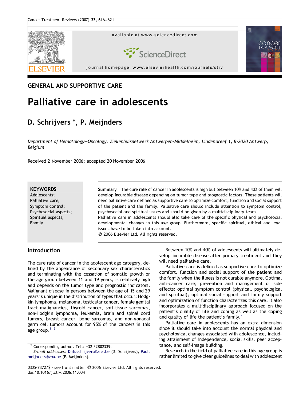 Palliative care in adolescents