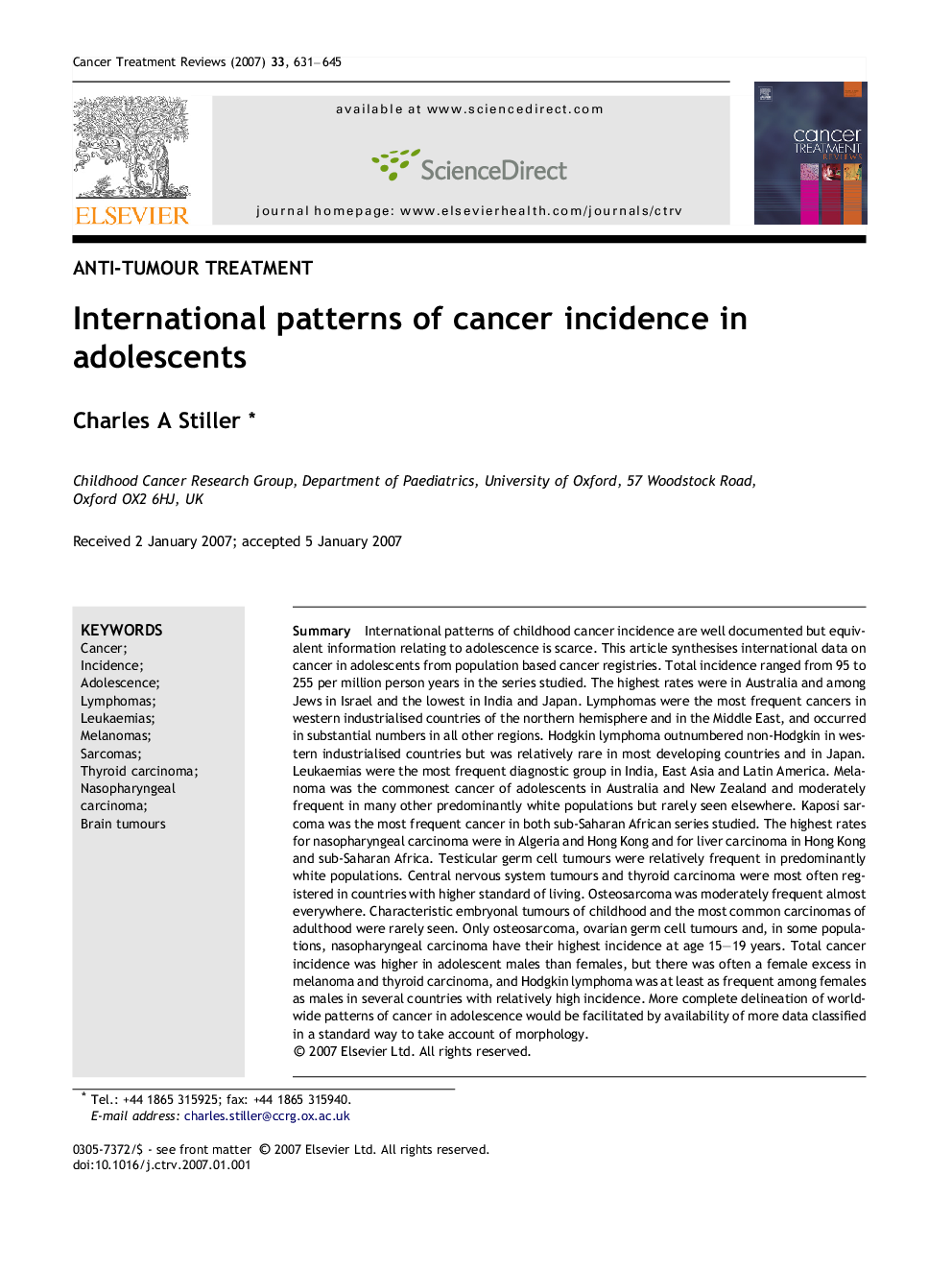 International patterns of cancer incidence in adolescents