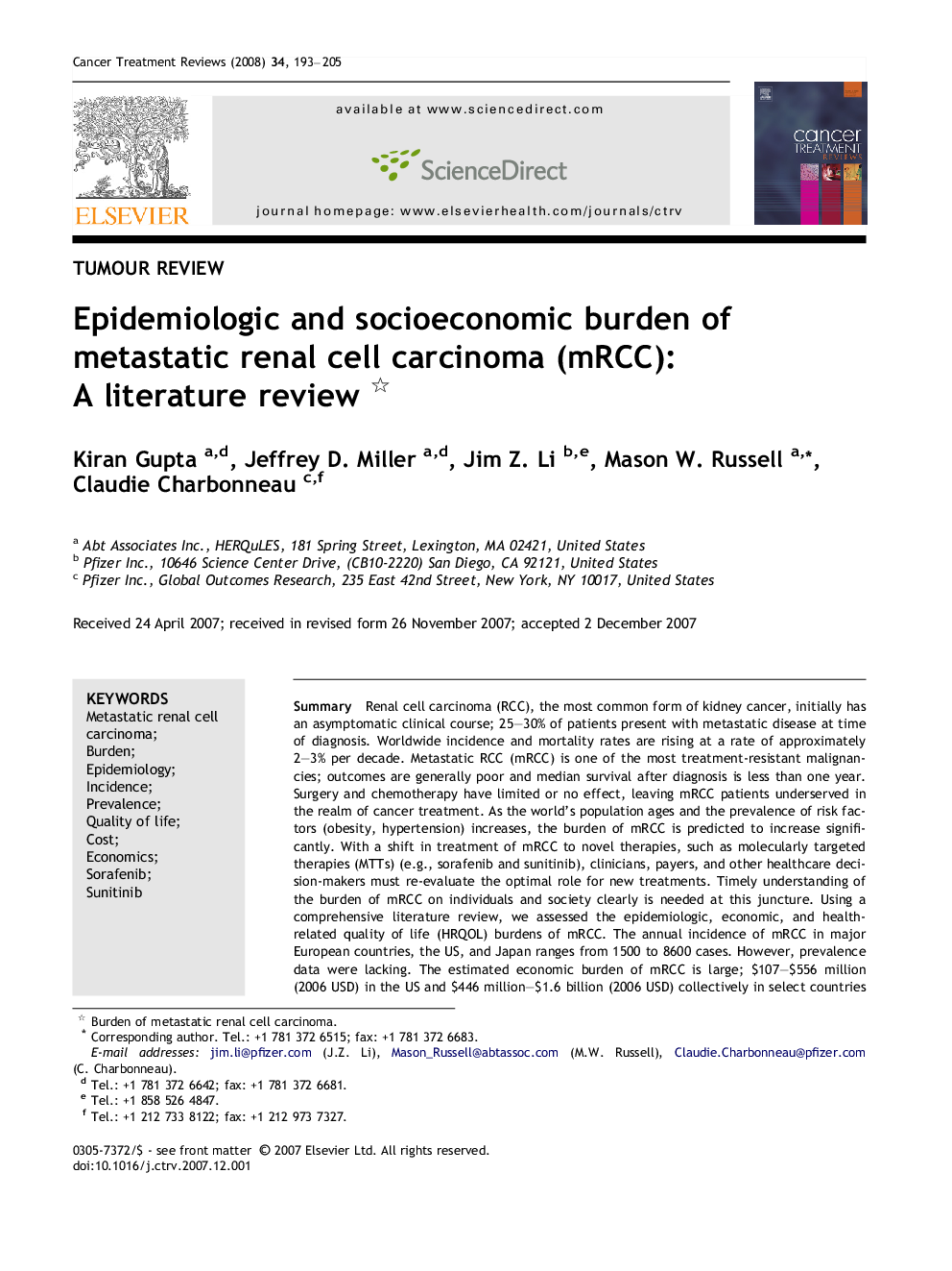 Epidemiologic and socioeconomic burden of metastatic renal cell carcinoma (mRCC): A literature review 