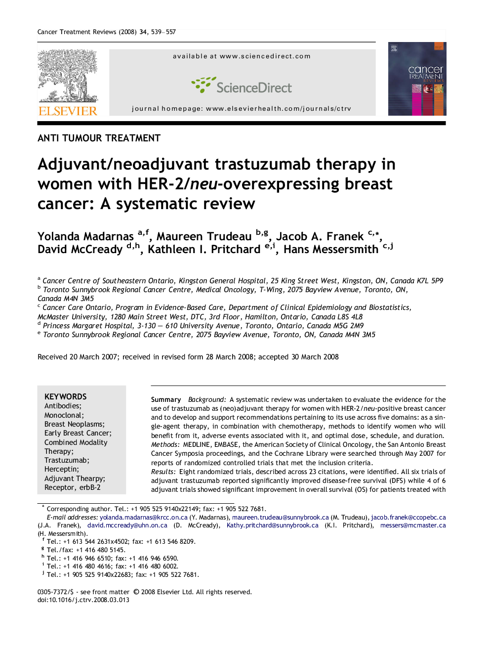 Adjuvant/neoadjuvant trastuzumab therapy in women with HER-2/neu-overexpressing breast cancer: A systematic review