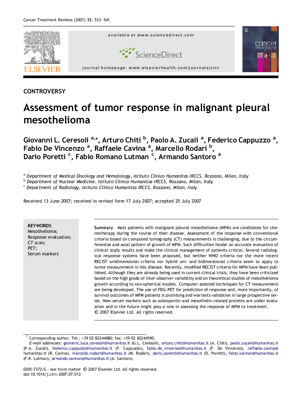 Assessment of tumor response in malignant pleural mesothelioma