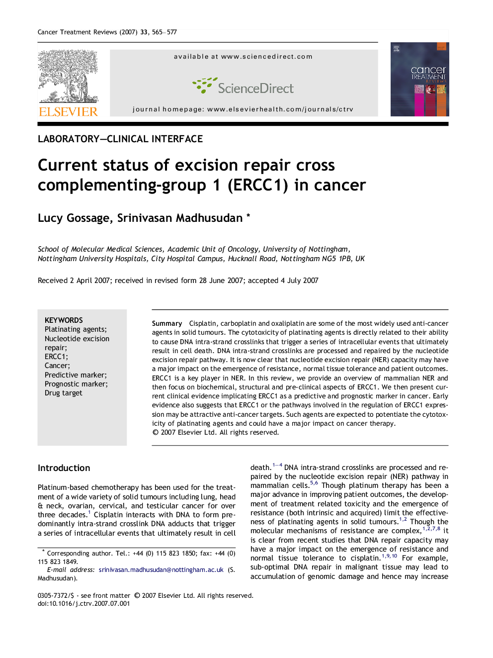 Current status of excision repair cross complementing-group 1 (ERCC1) in cancer