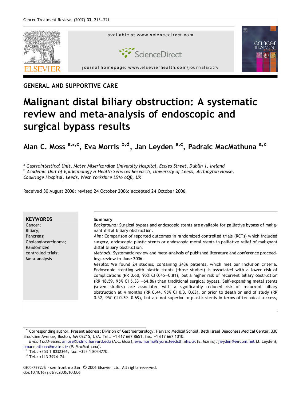 Malignant distal biliary obstruction: A systematic review and meta-analysis of endoscopic and surgical bypass results