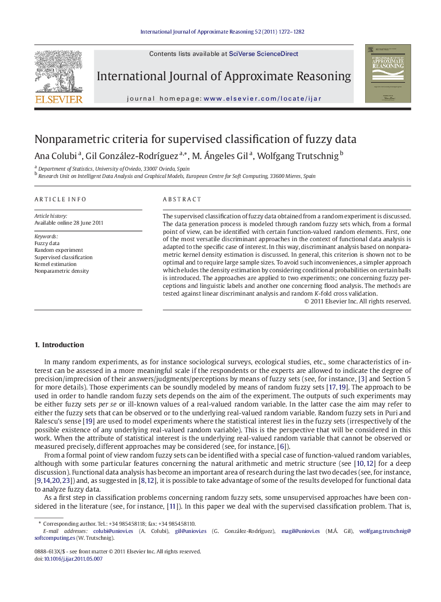 Nonparametric criteria for supervised classification of fuzzy data