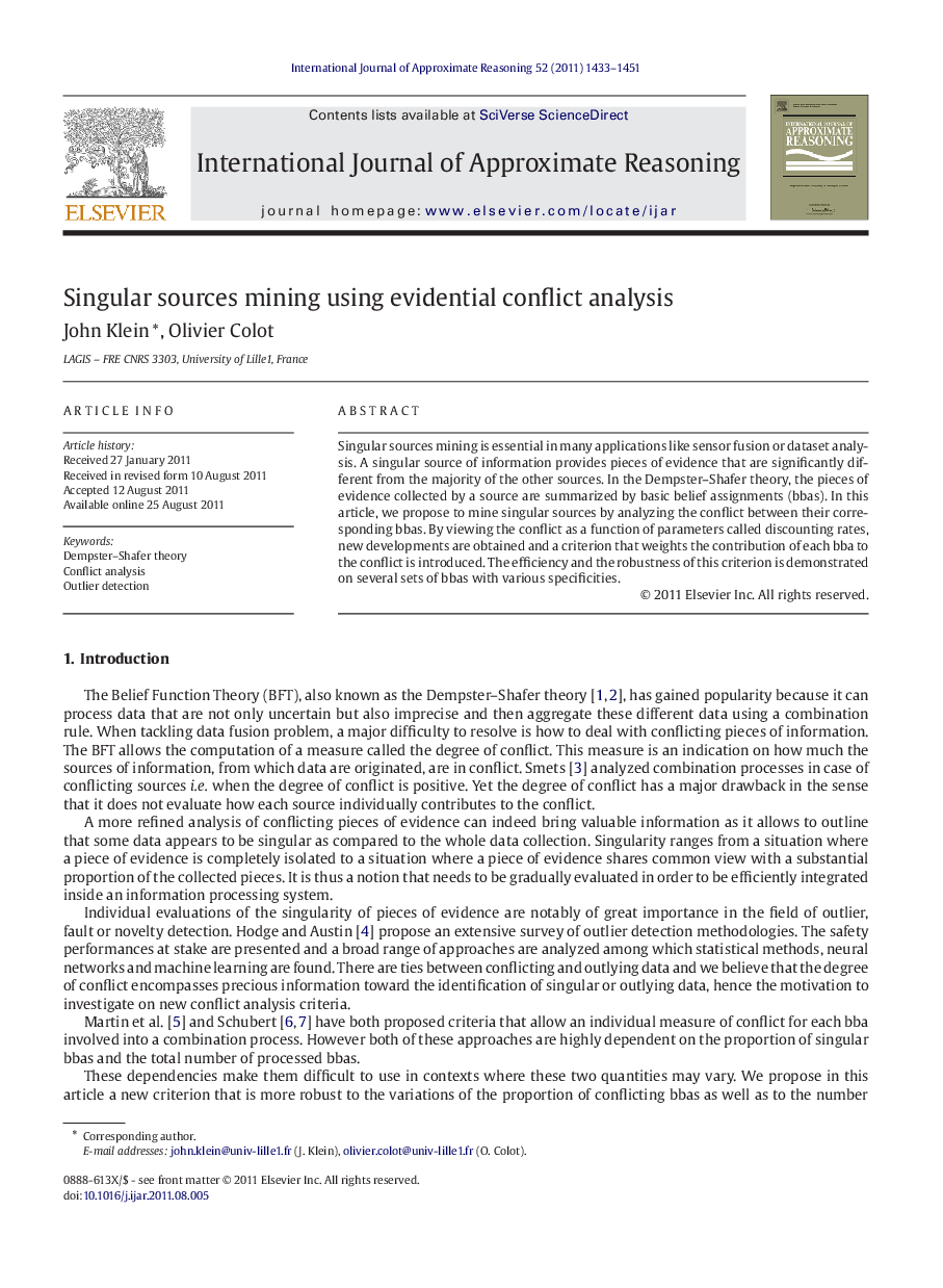 Singular sources mining using evidential conflict analysis