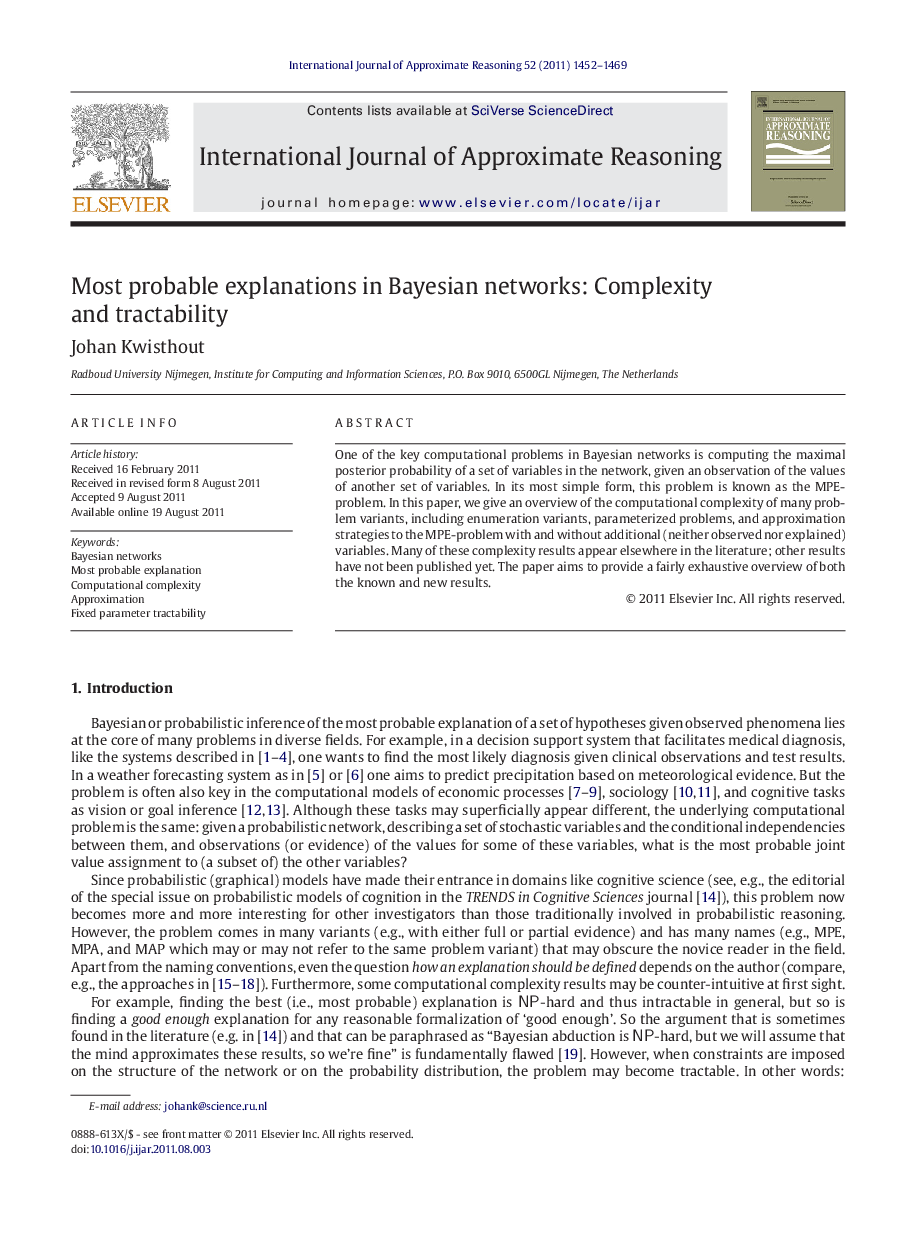 Most probable explanations in Bayesian networks: Complexity and tractability