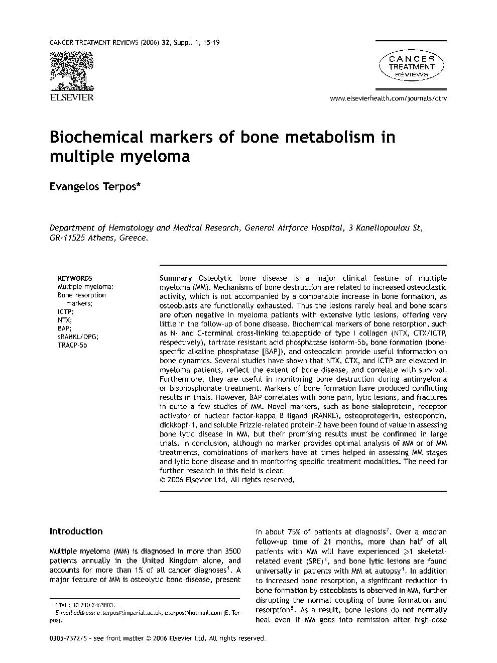Biochemical markers of bone metabolism in multiple myeloma *