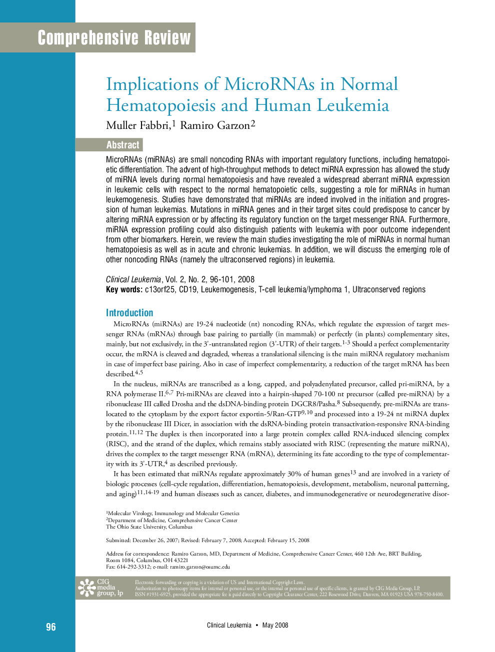Implications of MicroRNAs in Normal Hematopoiesis and Human Leukemia