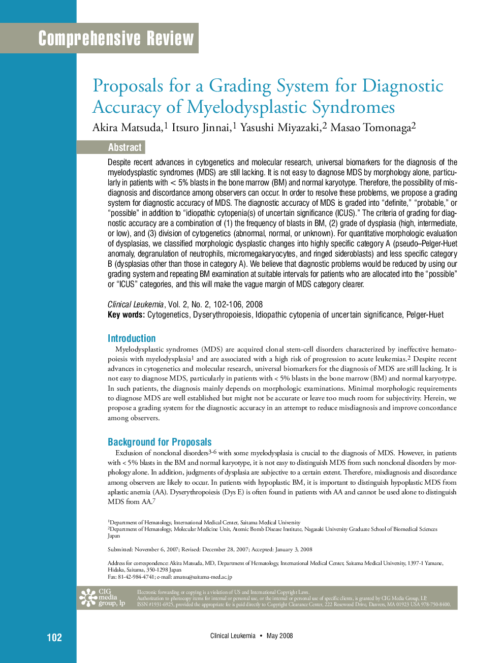 Proposals for a Grading System for Diagnostic Accuracy of Myelodysplastic Syndromes
