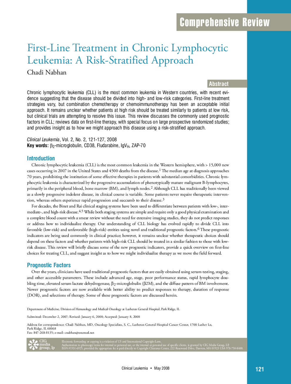 First-Line Treatment in Chronic Lymphocytic Leukemia: A Risk-Stratified Approach