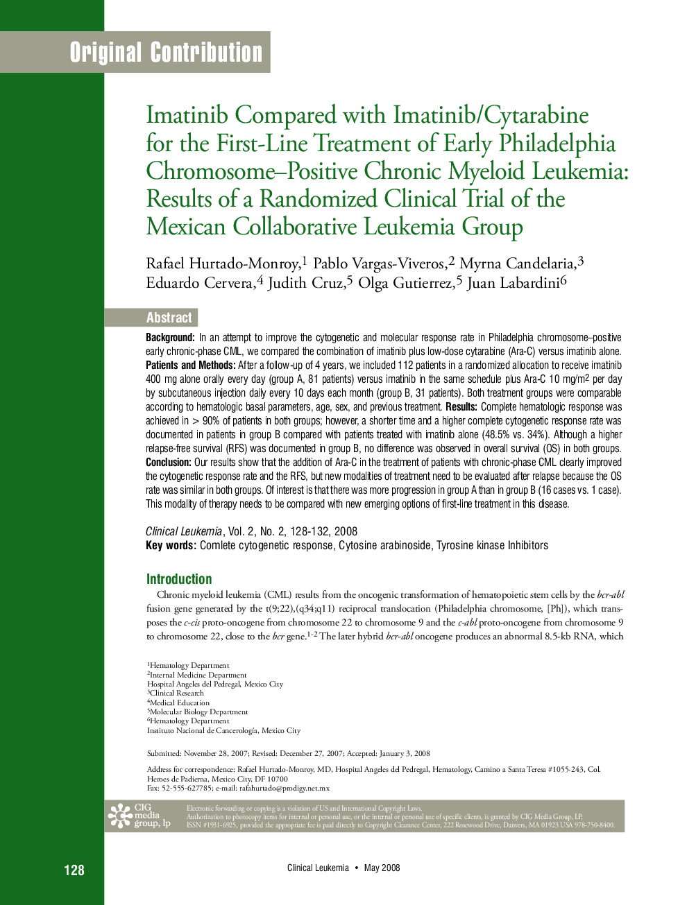 Imatinib Compared with Imatinib/Cytarabine for the First-Line Treatment of Early Philadelphia Chromosome–Positive Chronic Myeloid Leukemia: Results of a Randomized Clinical Trial of the Mexican Collaborative Leukemia Group