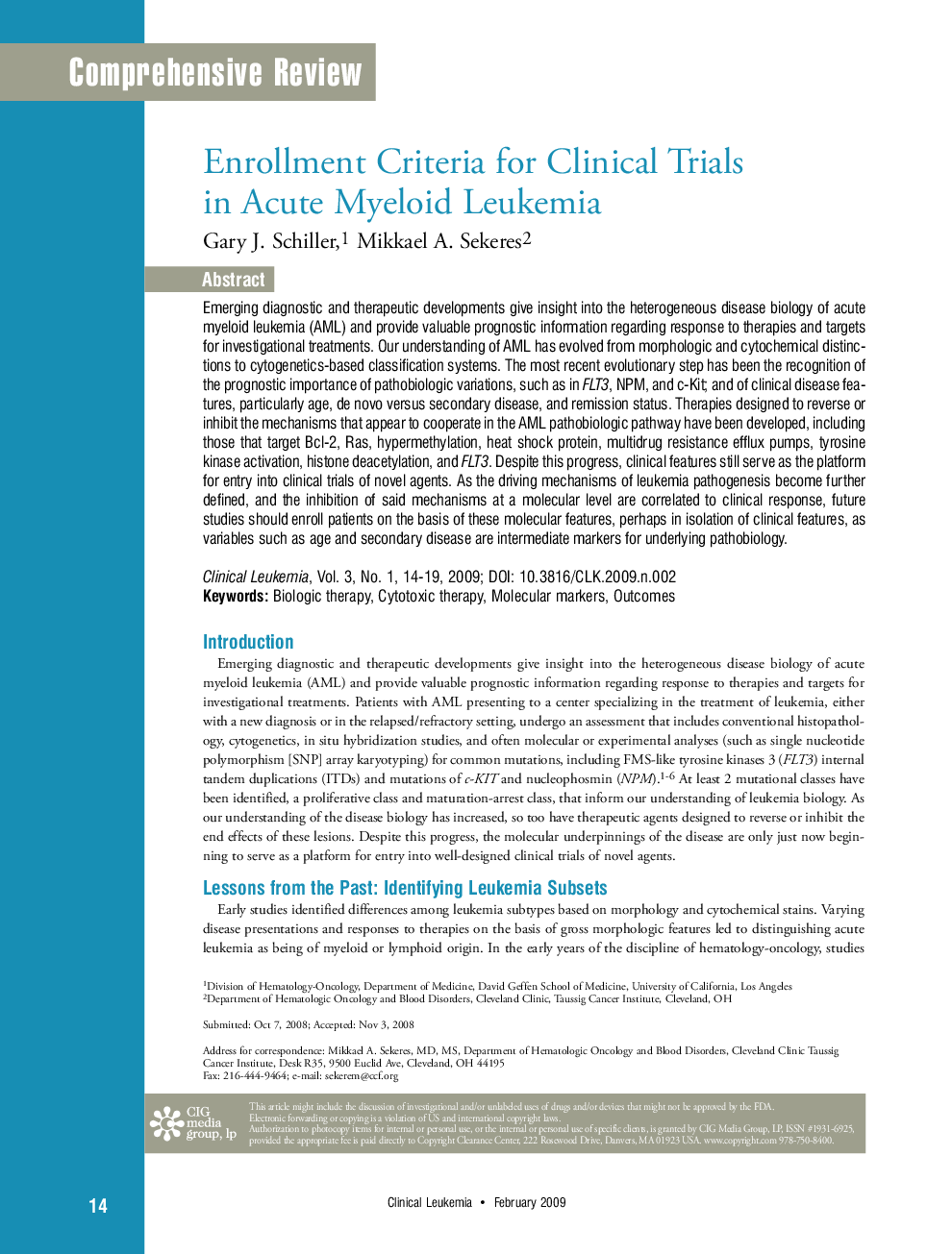 Enrollment Criteria for Clinical Trials in Acute Myeloid Leukemia