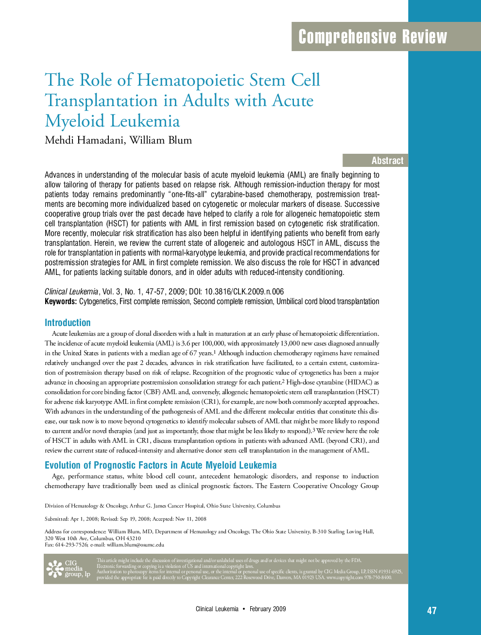 The Role of Hematopoietic Stem Cell Transplantation in Adults with Acute Myeloid Leukemia