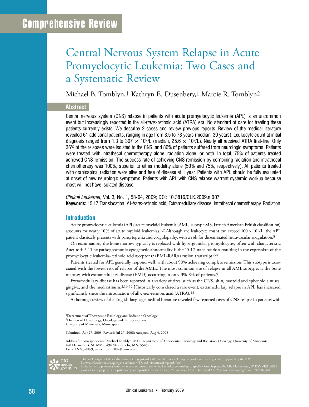 Central Nervous System Relapse in Acute Promyelocytic Leukemia: Two Cases and a Systematic Review