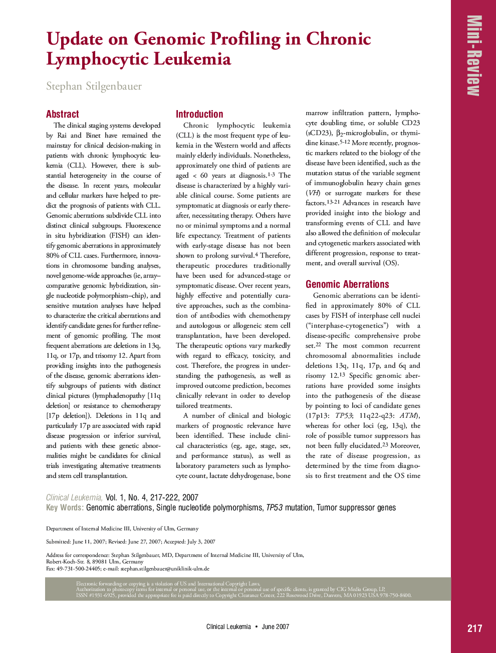 Update on Genomic Profiling in Chronic Lymphocytic Leukemia