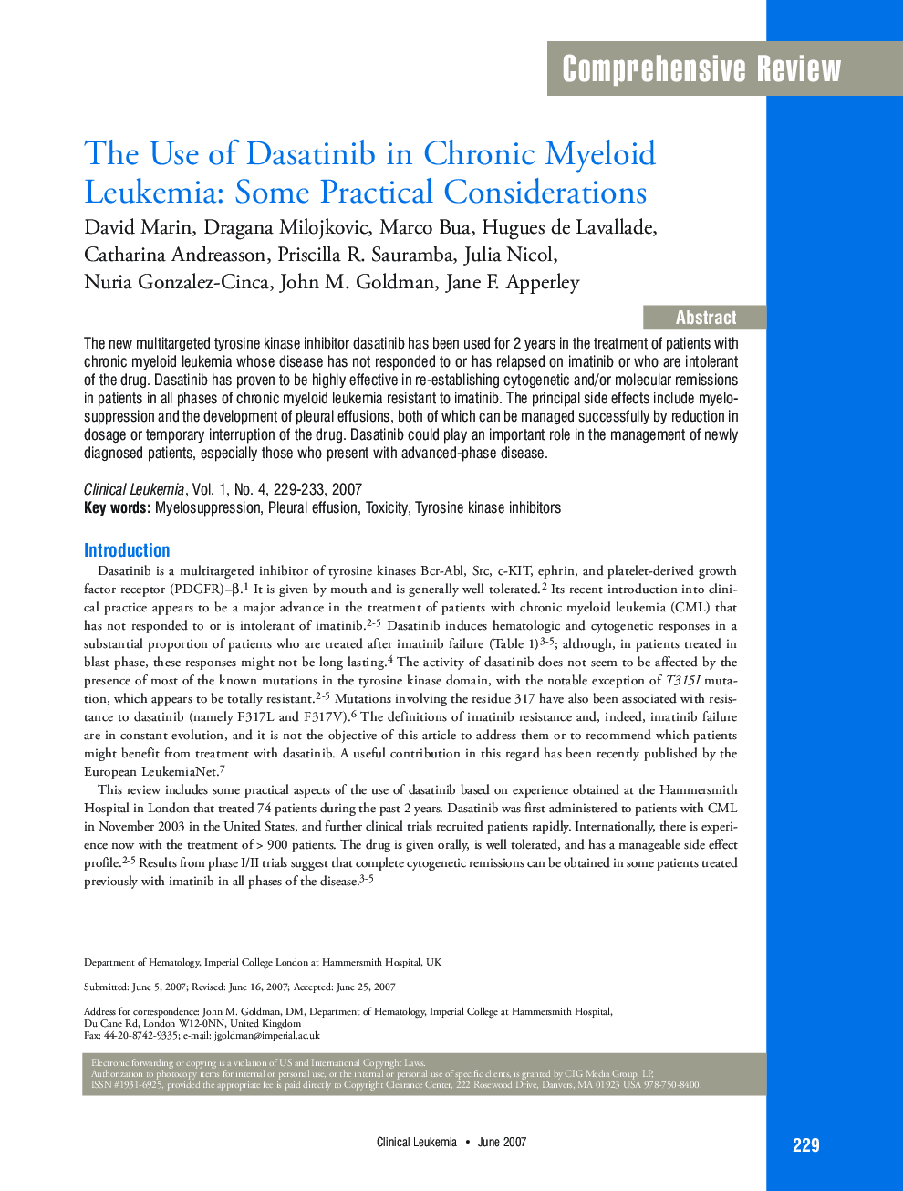 The Use of Dasatinib in Chronic Myeloid Leukemia: Some Practical Considerations