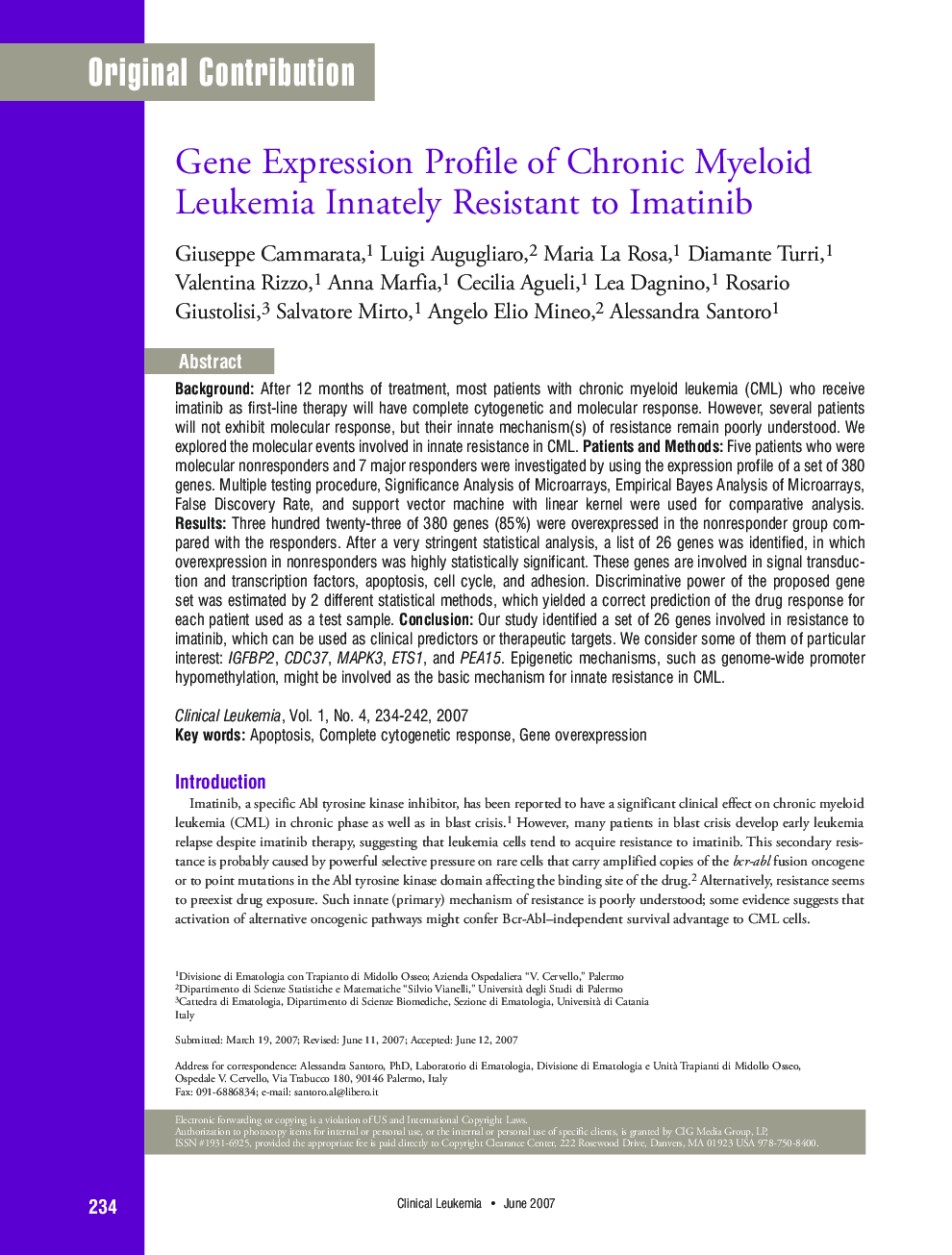 Gene Expression Profile of Chronic Myeloid Leukemia Innately Resistant to Imatinib