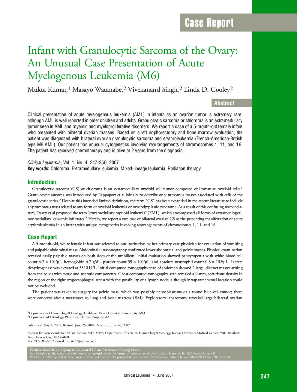 Infant with Granulocytic Sarcoma of the Ovary: An Unusual Case Presentation of Acute Myelogenous Leukemia (M6)