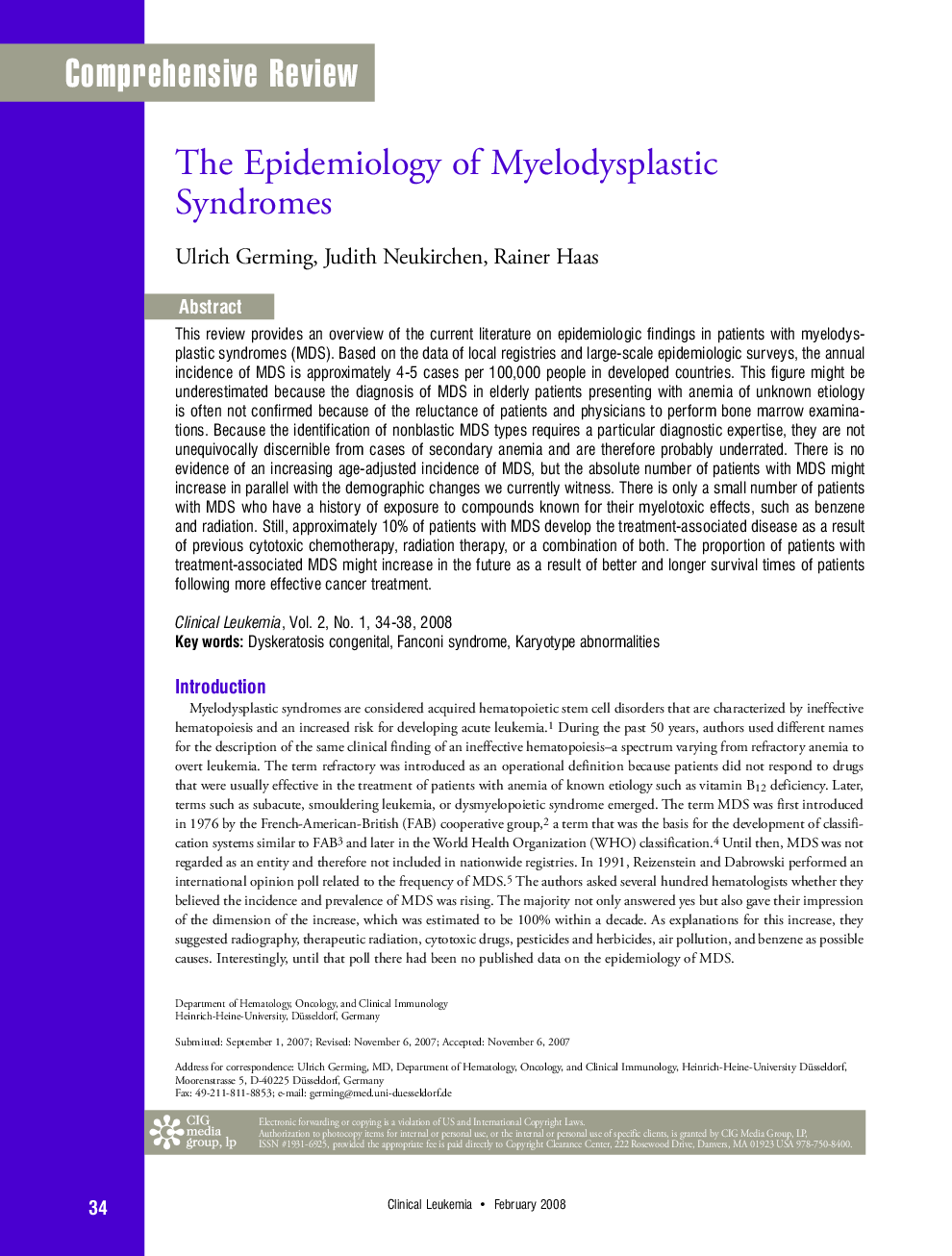 The Epidemiology of Myelodysplastic Syndromes