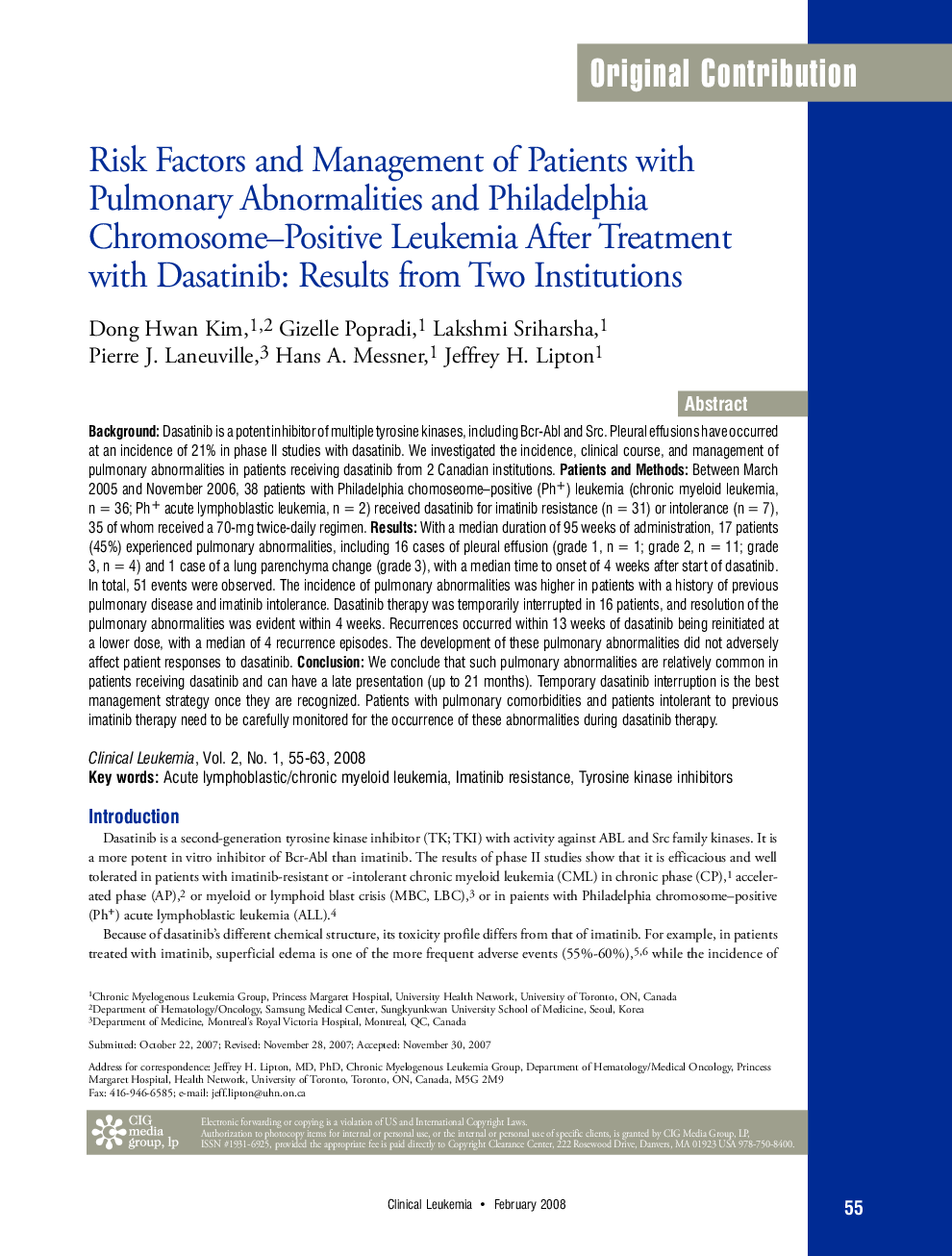 Risk Factors and Management of Patients with Pulmonary Abnormalities and Philadelphia Chromosome–Positive Leukemia After Treatment with Dasatinib: Results from Two Institutions