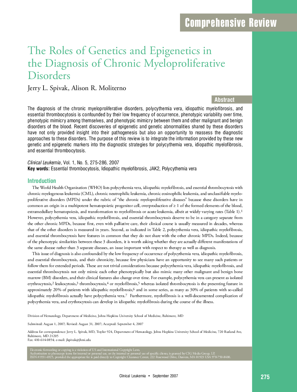 The Roles of Genetics and Epigenetics in the Diagnosis of Chronic Myeloproliferative Disorders