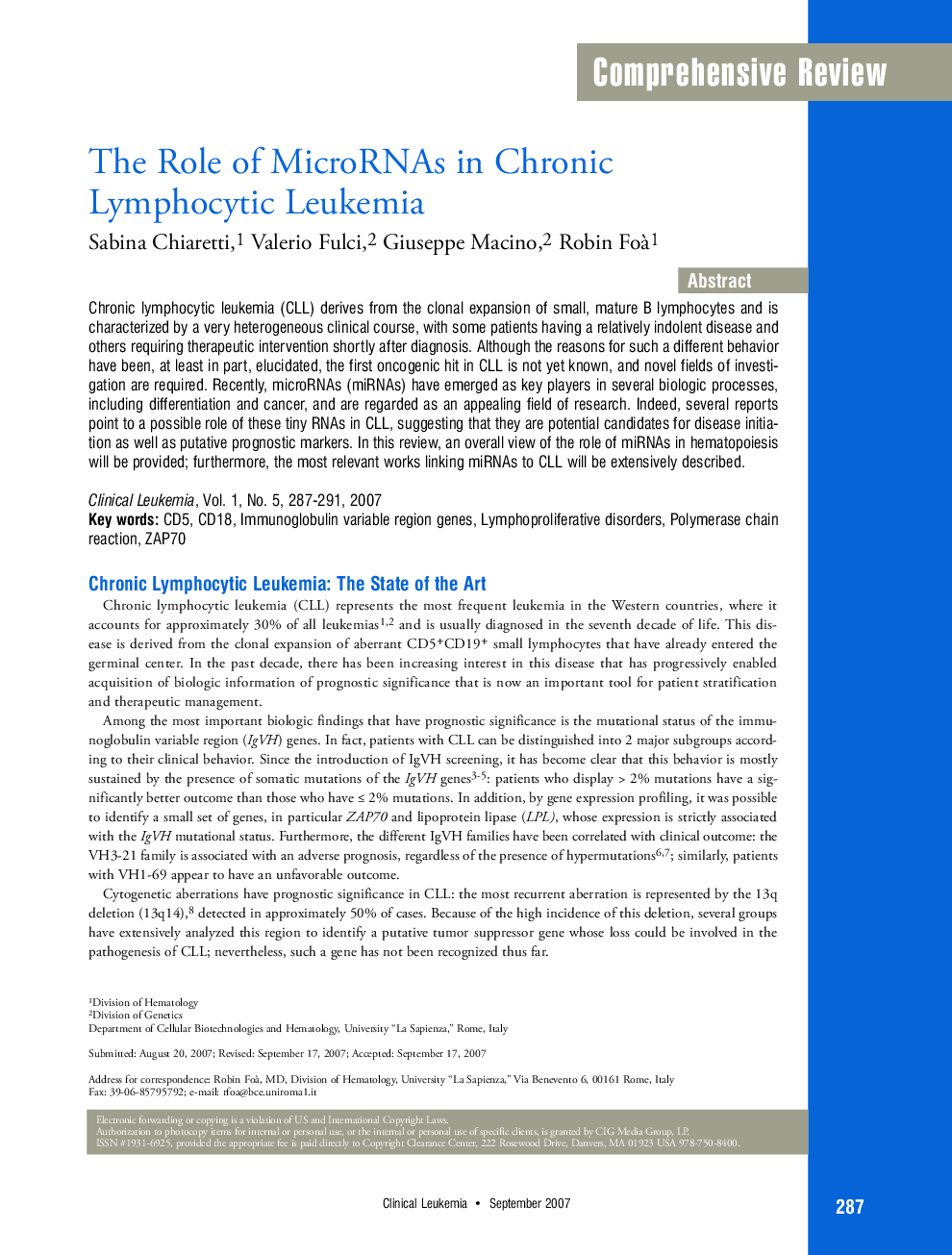 The Role of MicroRNAs in Chronic Lymphocytic Leukemia