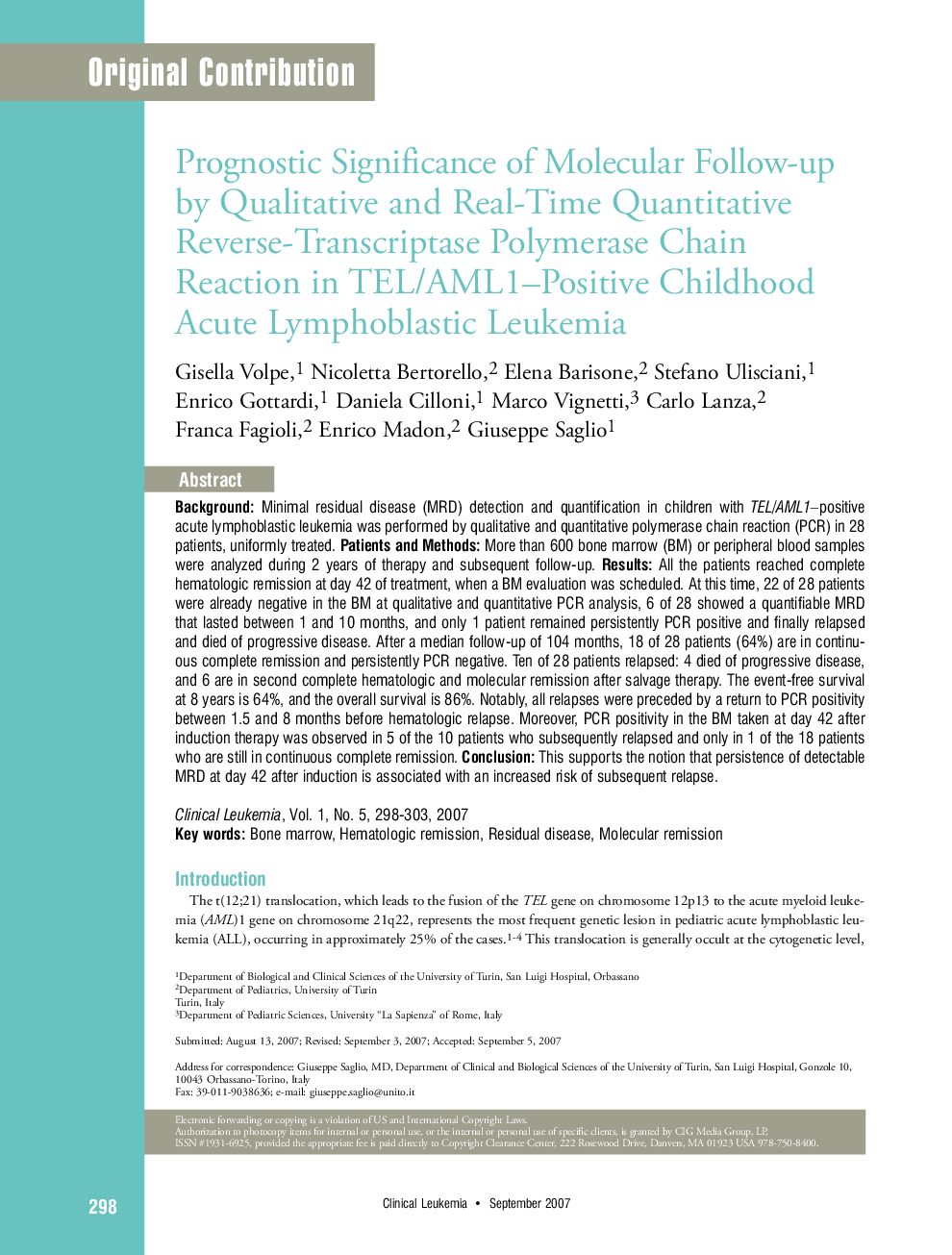 Prognostic Significance of Molecular Follow-up by Qualitative and Real-Time Quantitative Reverse-Transcriptase Polymerase Chain Reaction in TEL/AML1–Positive Childhood Acute Lymphoblastic Leukemia