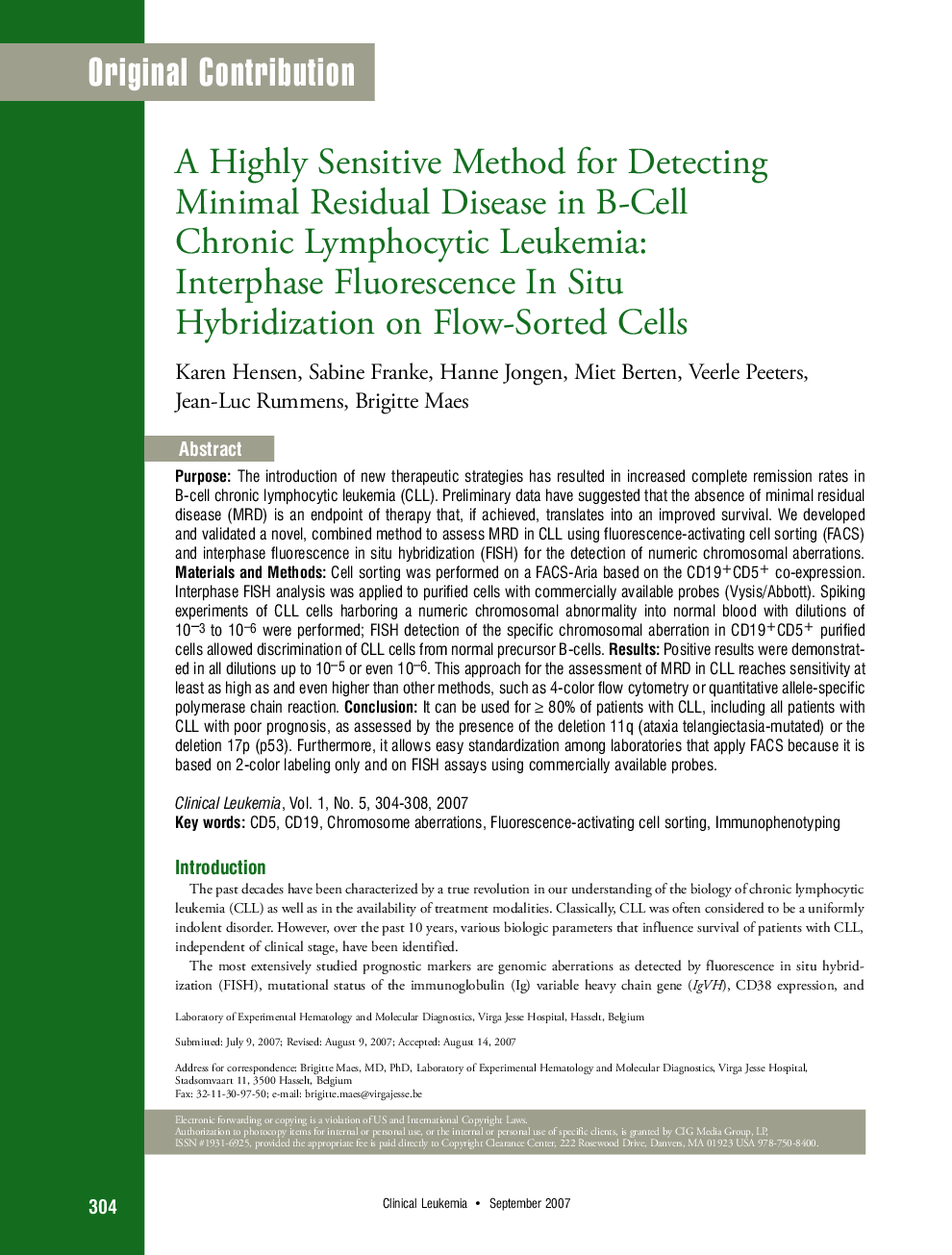 A Highly Sensitive Method for Detecting Minimal Residual Disease in B-CellChronic Lymphocytic Leukemia: Interphase Fluorescence In Situ Hybridization on Flow-Sorted Cells